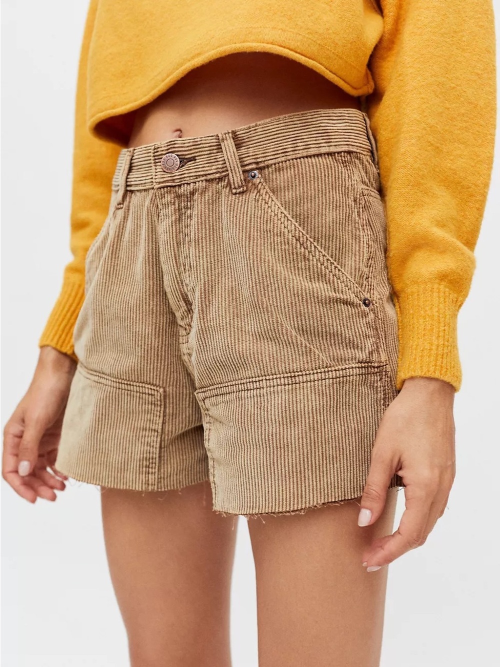 BDG Carpenter Cut-off High-Rise Corduroy Utility Shorts in Tan